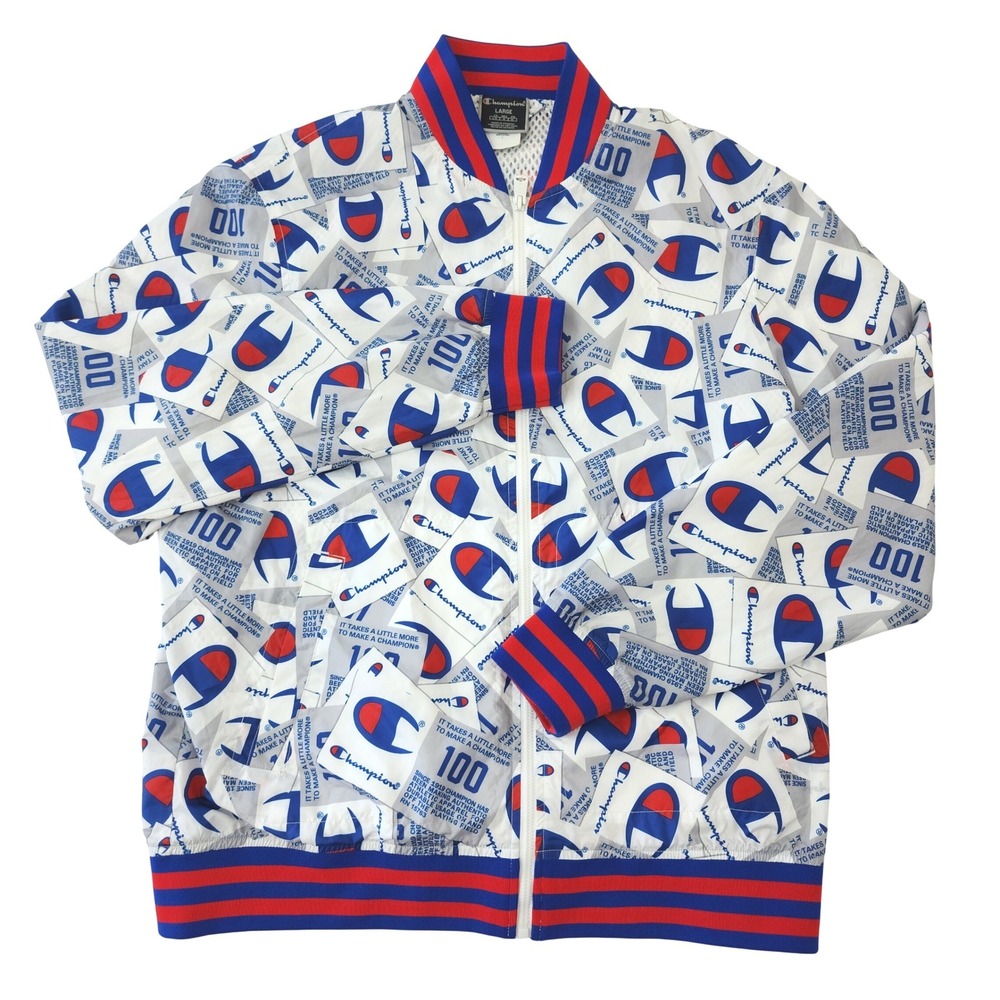 Champion 100th Anniversary All Over Logo Print Track Jacket Mens Large White